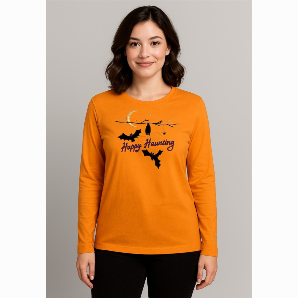 Halloween Happy Hounting‎ Orange Embroidered Sequin Top Women XL Y2K Deadstock